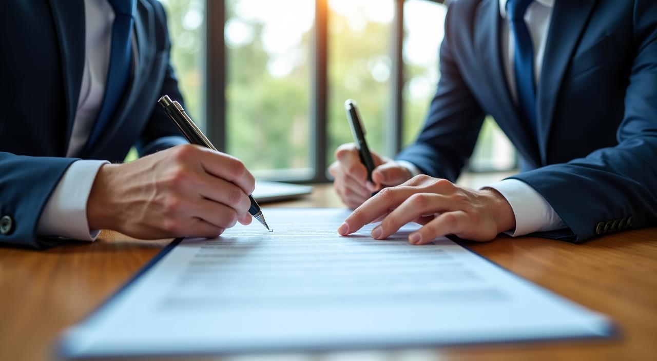 Professionisti che firmano un accordo legale in un ufficio moderno